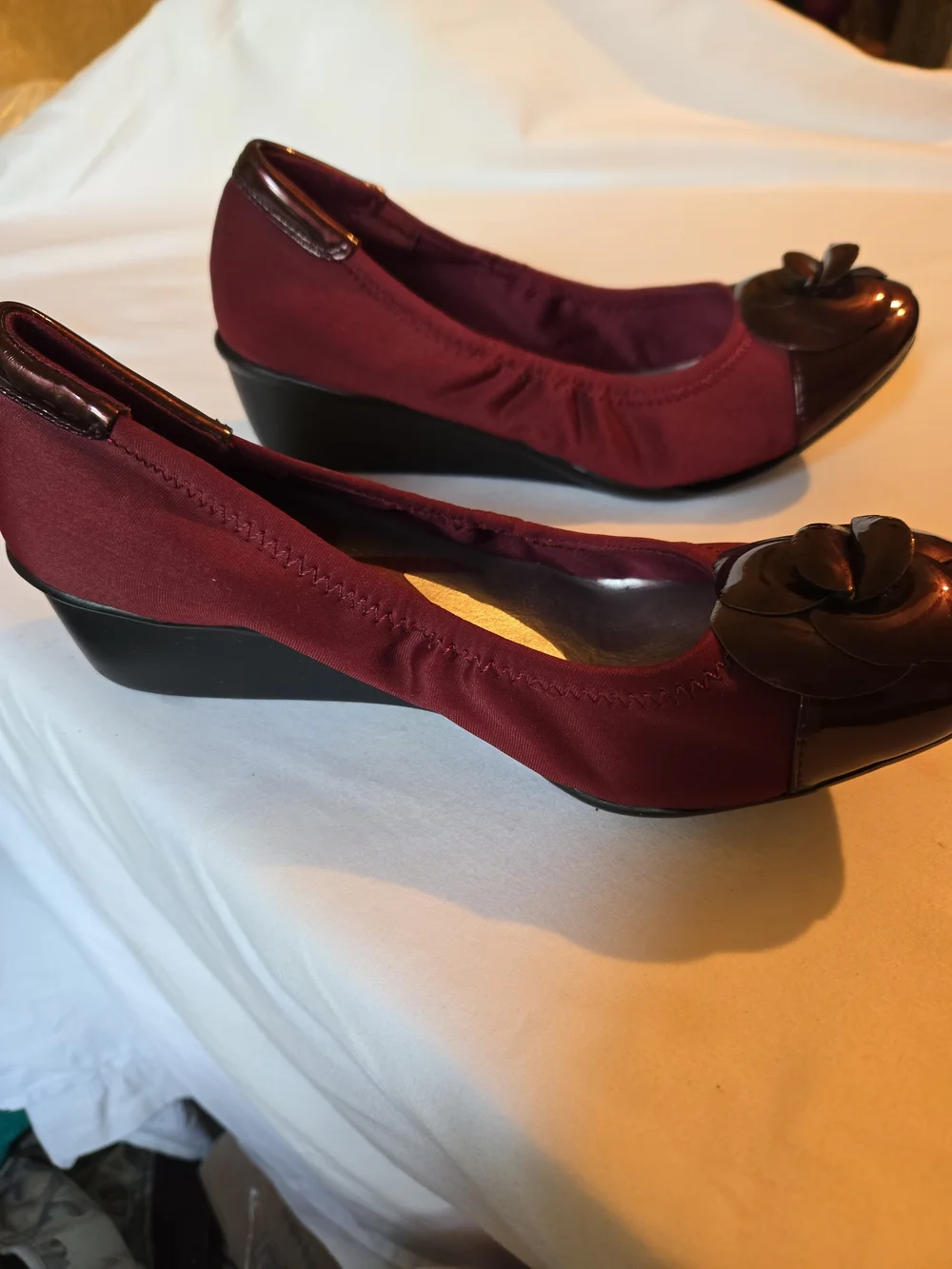 Anne Klein Burgundy Wedge Ballet Flats with Glossy Floral Toe
